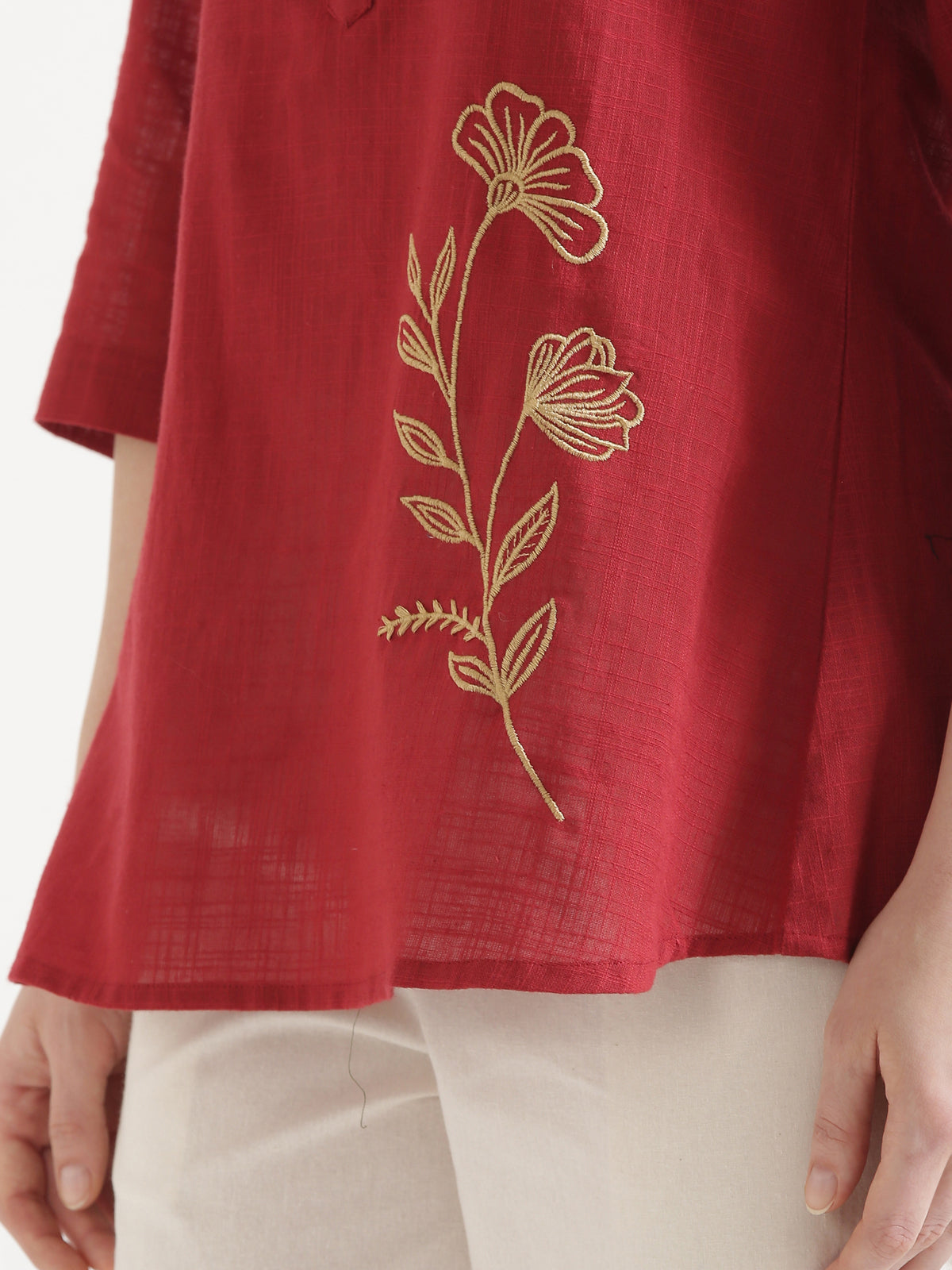 ELIO Crimson Red Embroidered Cotton Short Top