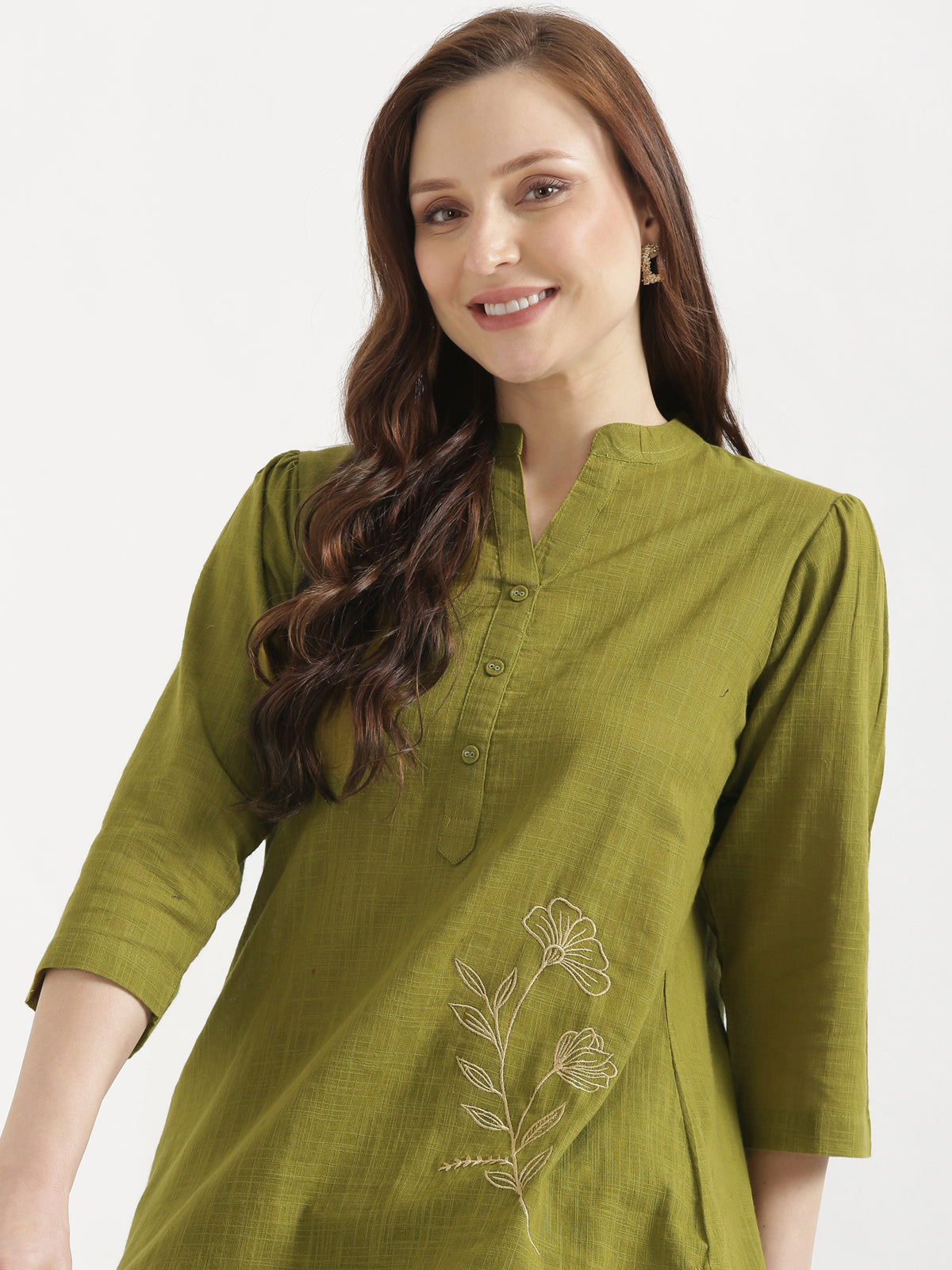 ELIO Light Olive Green Embroidered Cotton Short Top