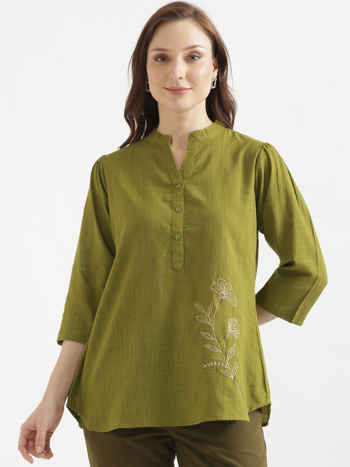 ELIO Light Olive Green Embroidered Cotton Short Top