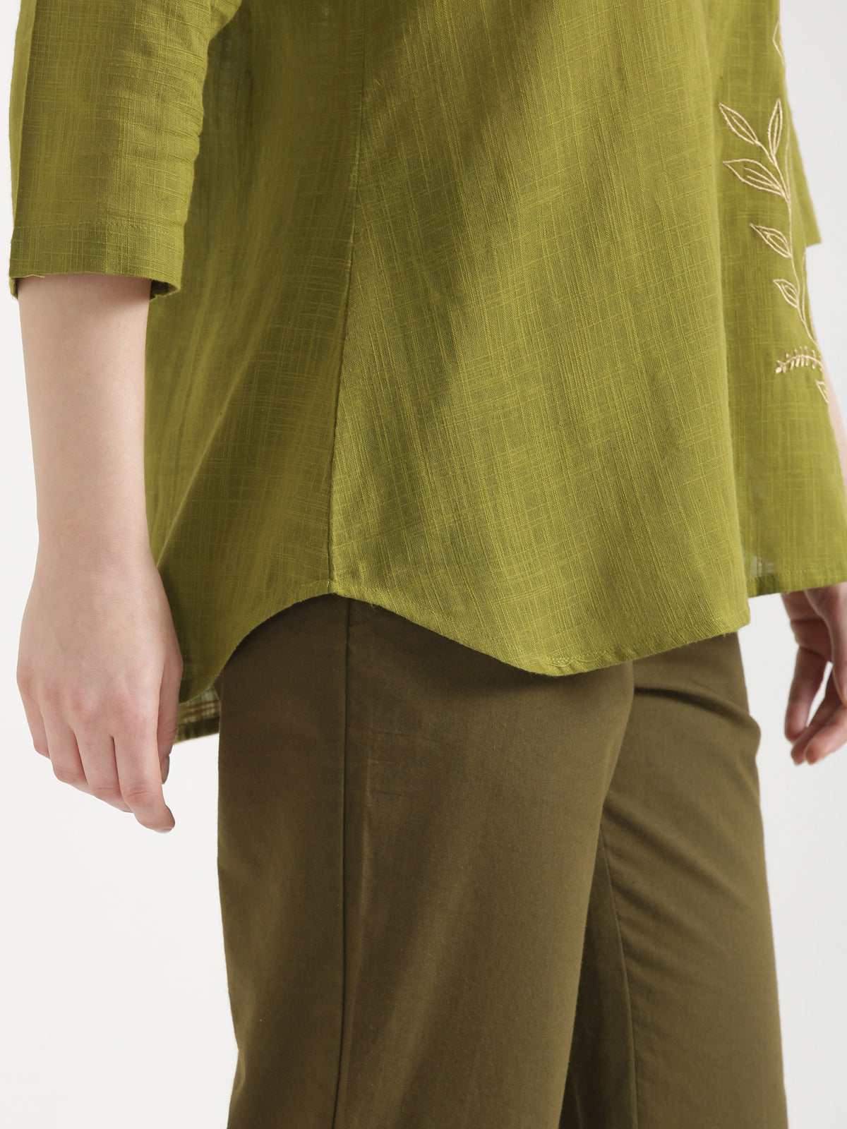 ELIO Light Olive Green Embroidered Cotton Short Top