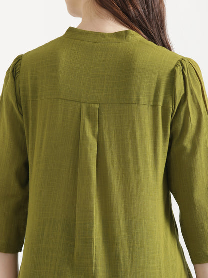 ELIO Light Olive Green Embroidered Cotton Short Top