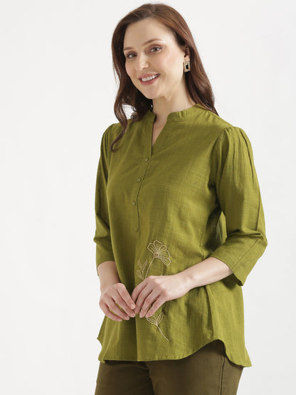 ELIO Light Olive Green Embroidered Cotton Short Top