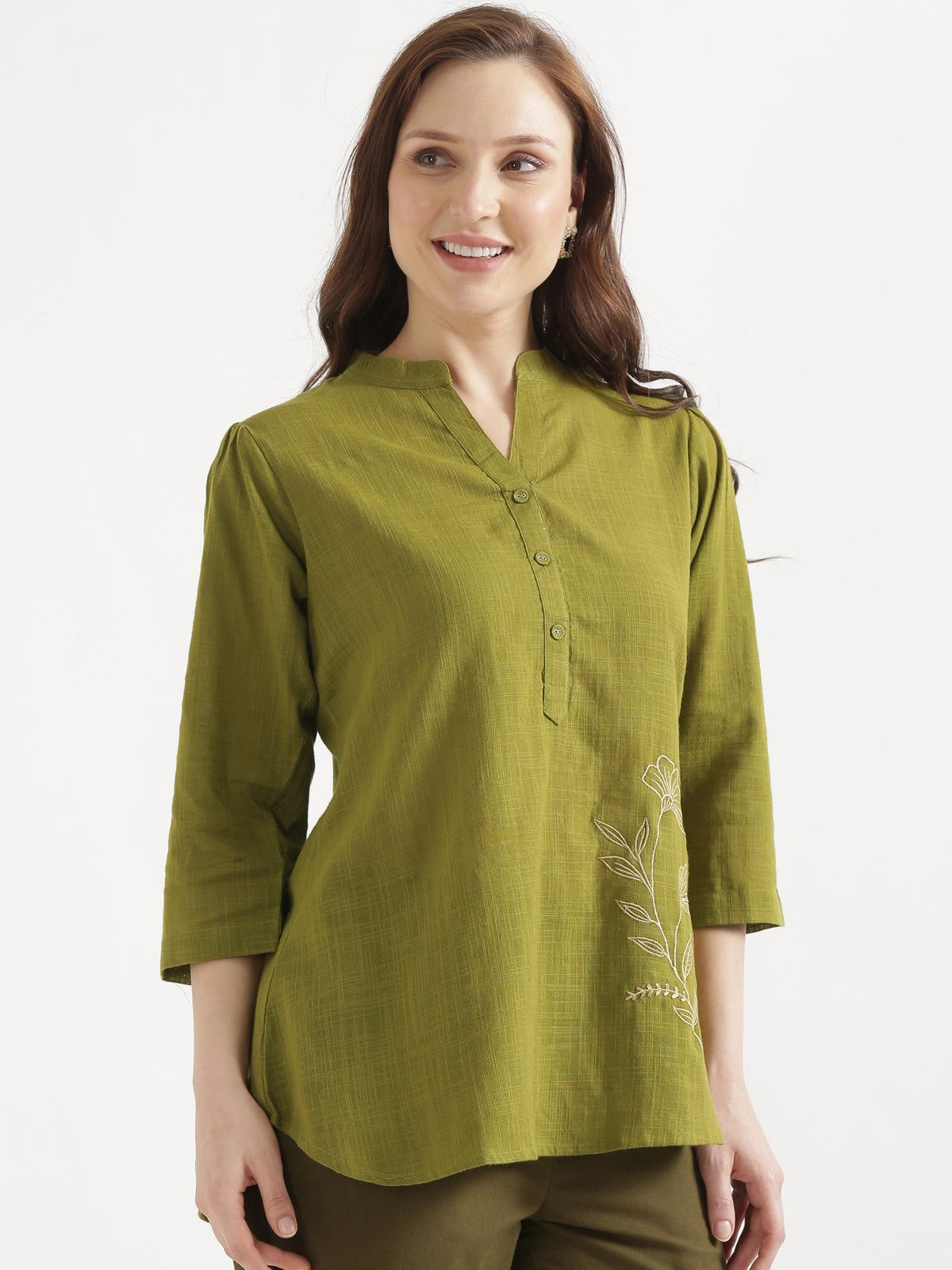 ELIO Light Olive Green Embroidered Cotton Short Top