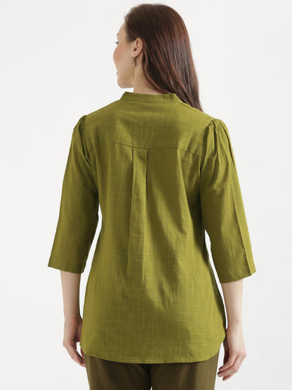 ELIO Light Olive Green Embroidered Cotton Short Top