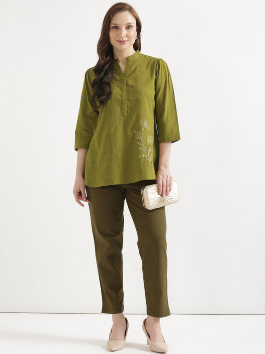 ELIO Light Olive Green Embroidered Cotton Short Top