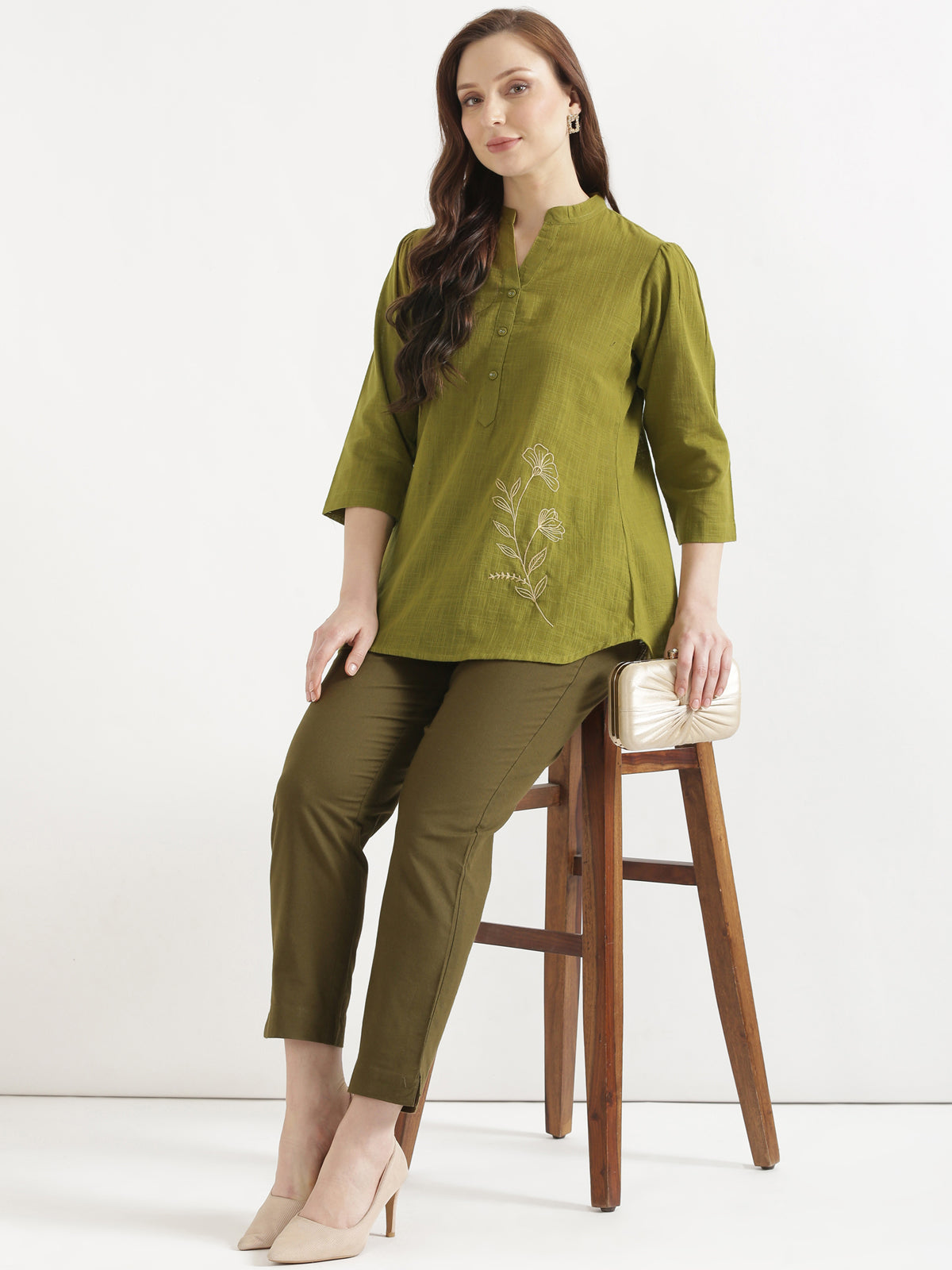 ELIO Light Olive Green Embroidered Cotton Short Top