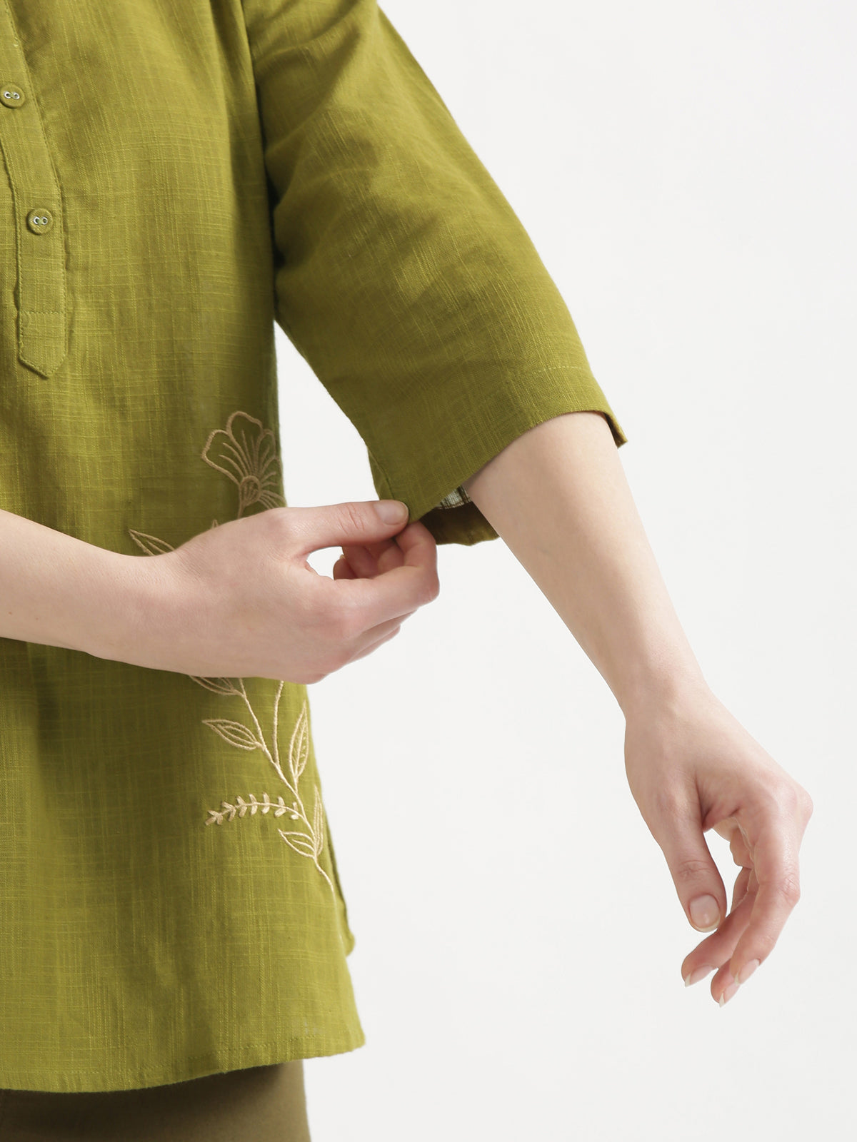 ELIO Light Olive Green Embroidered Cotton Short Top