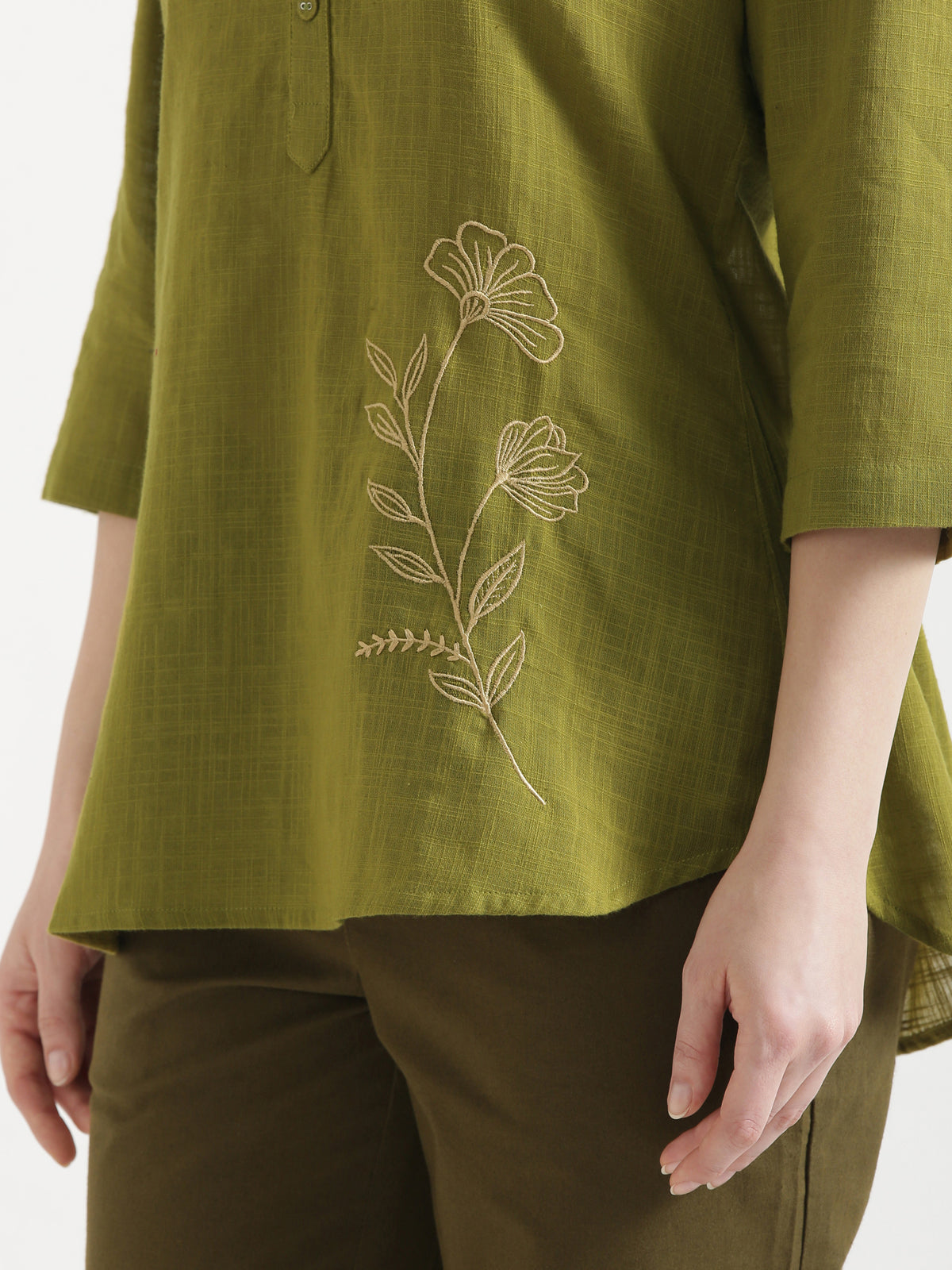 ELIO Light Olive Green Embroidered Cotton Short Top