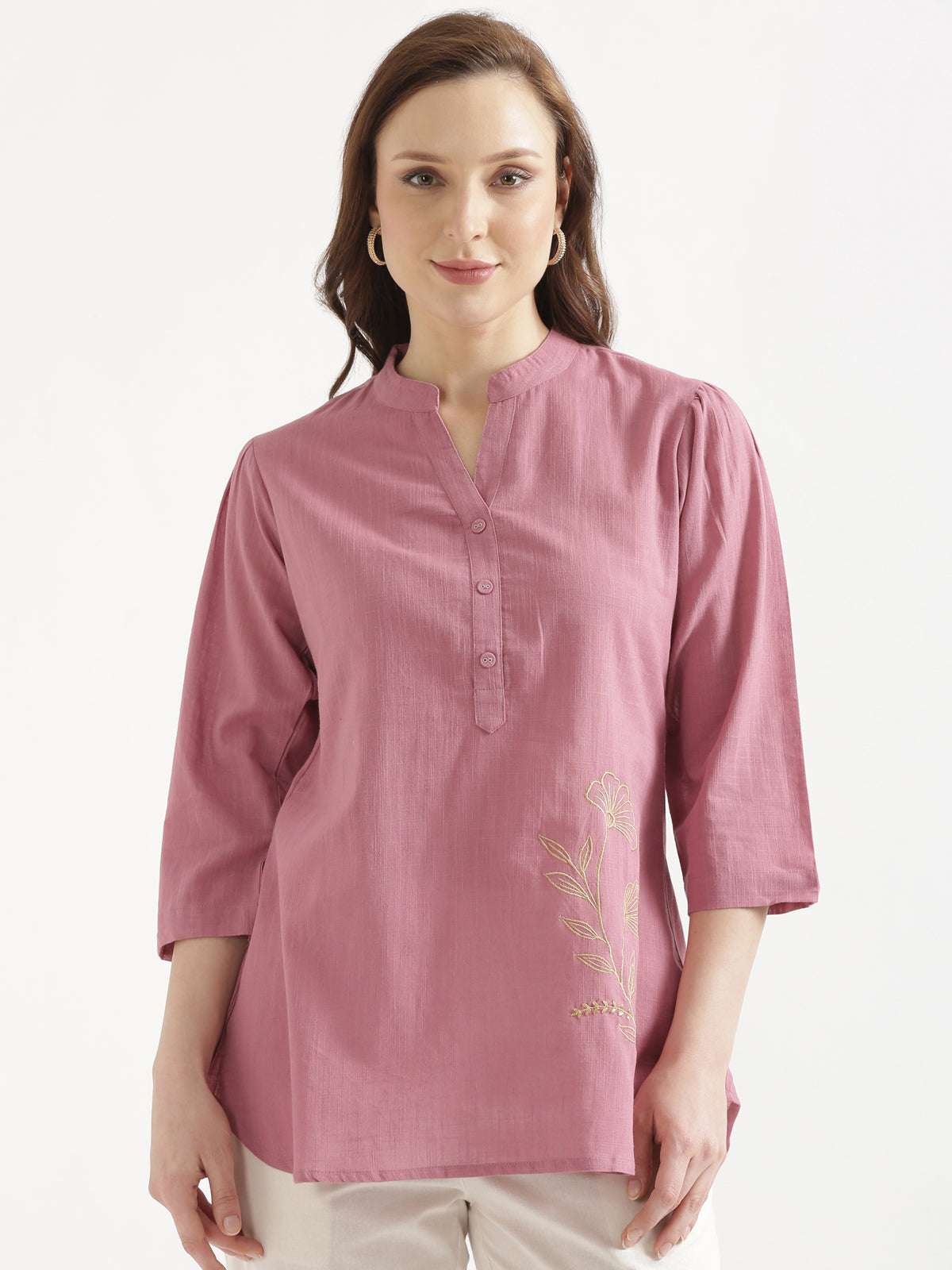 ELIO Mauve Pink Embroidered Cotton Short Top