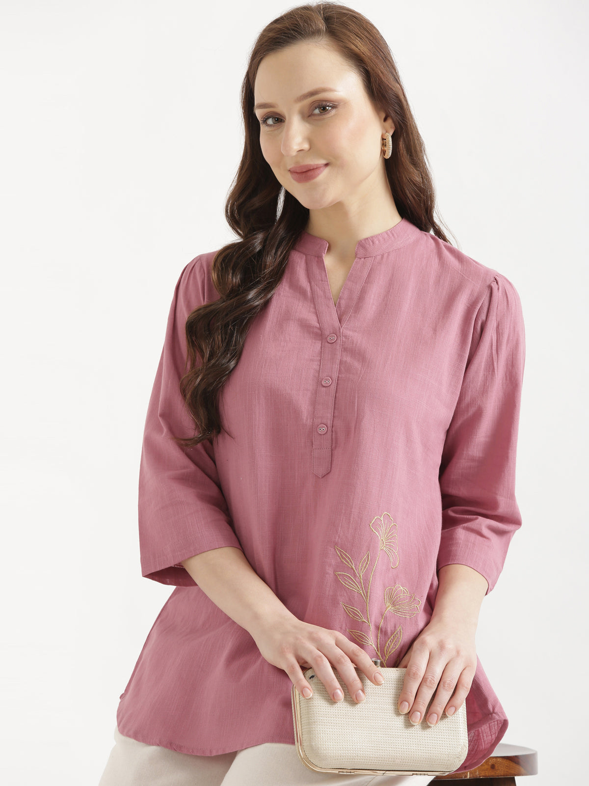 ELIO Mauve Pink Embroidered Cotton Short Top