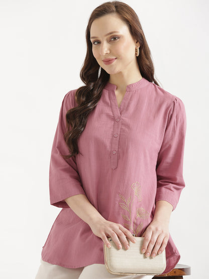ELIO Mauve Pink Embroidered Cotton Short Top
