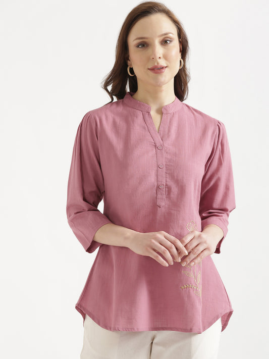 ELIO Mauve Pink Embroidered Cotton Short Top