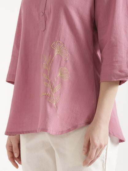 ELIO Mauve Pink Embroidered Cotton Short Top