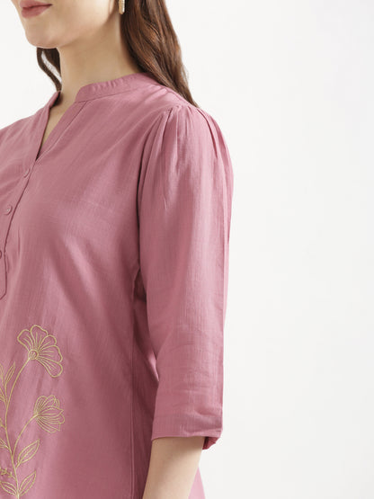 ELIO Mauve Pink Embroidered Cotton Short Top