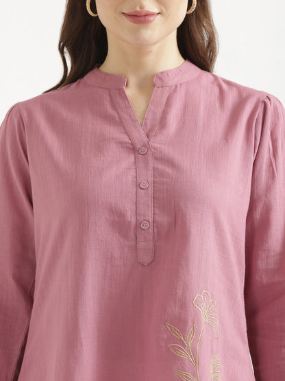 ELIO Mauve Pink Embroidered Cotton Short Top