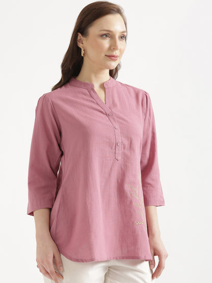 ELIO Mauve Pink Embroidered Cotton Short Top