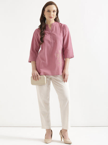 ELIO Mauve Pink Embroidered Cotton Short Top