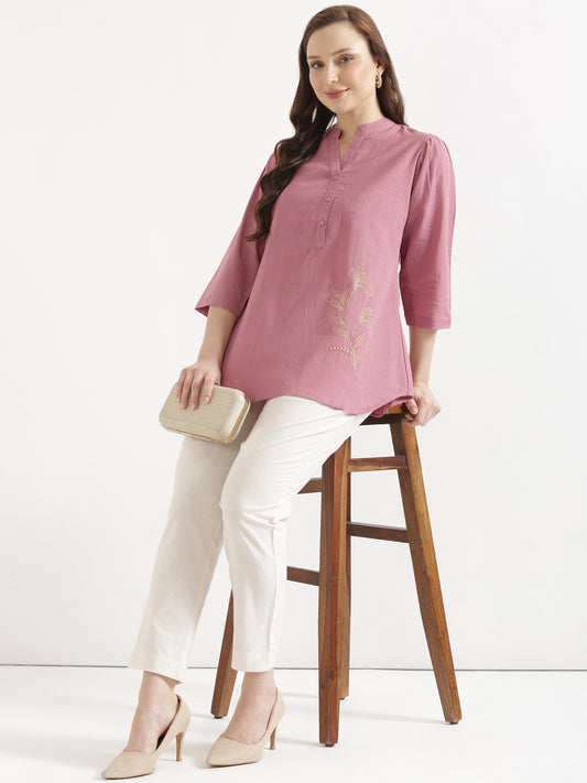 ELIO Mauve Pink Embroidered Cotton Short Top