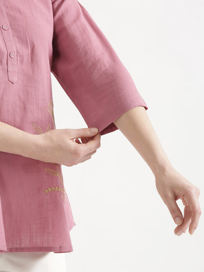 ELIO Mauve Pink Embroidered Cotton Short Top