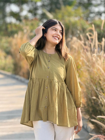AURA Dusty Olive Solid Cotton Short Top