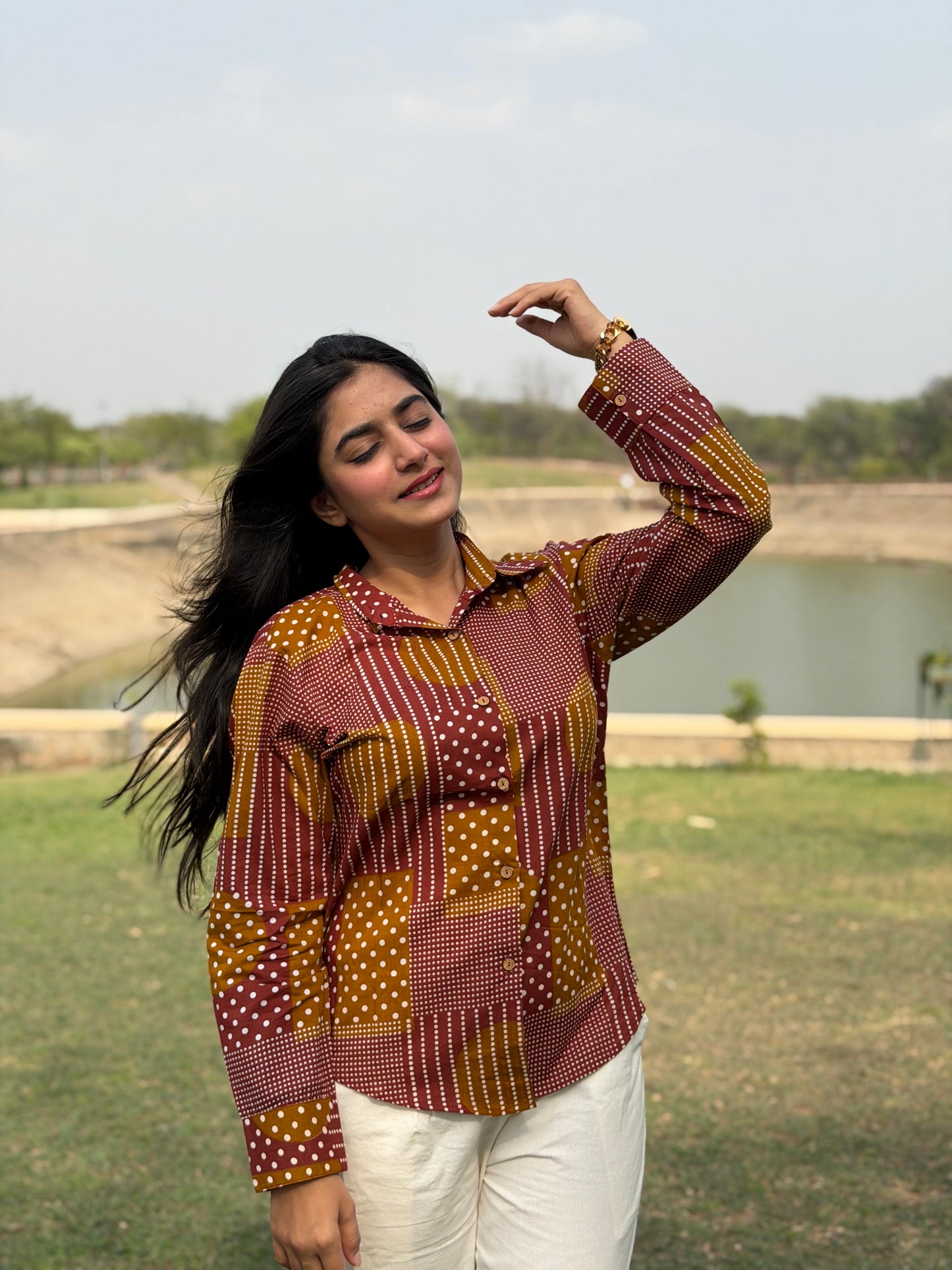 VERA Wine Handblock Cotton Shirt
