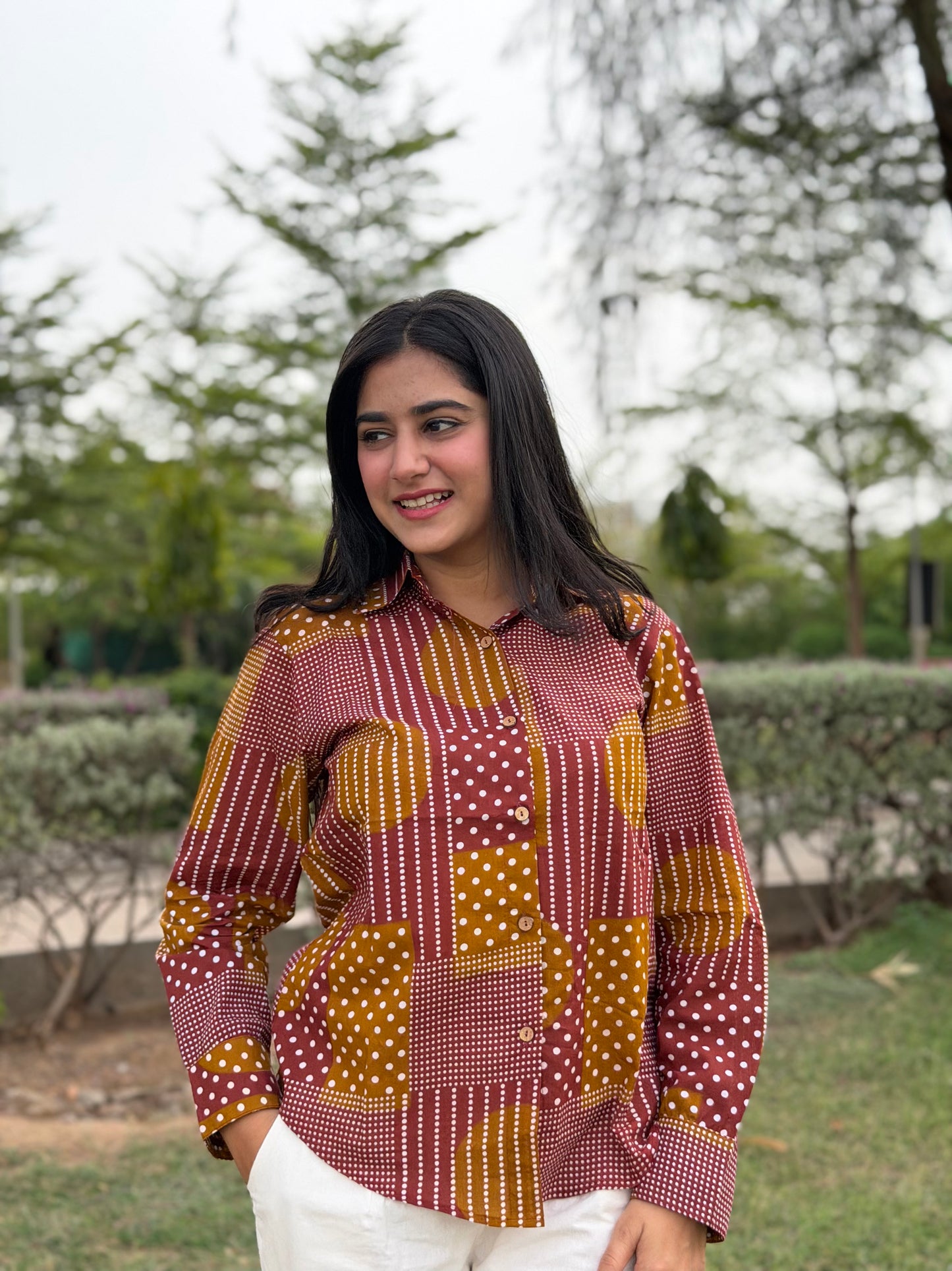 VERA Wine Handblock Cotton Shirt