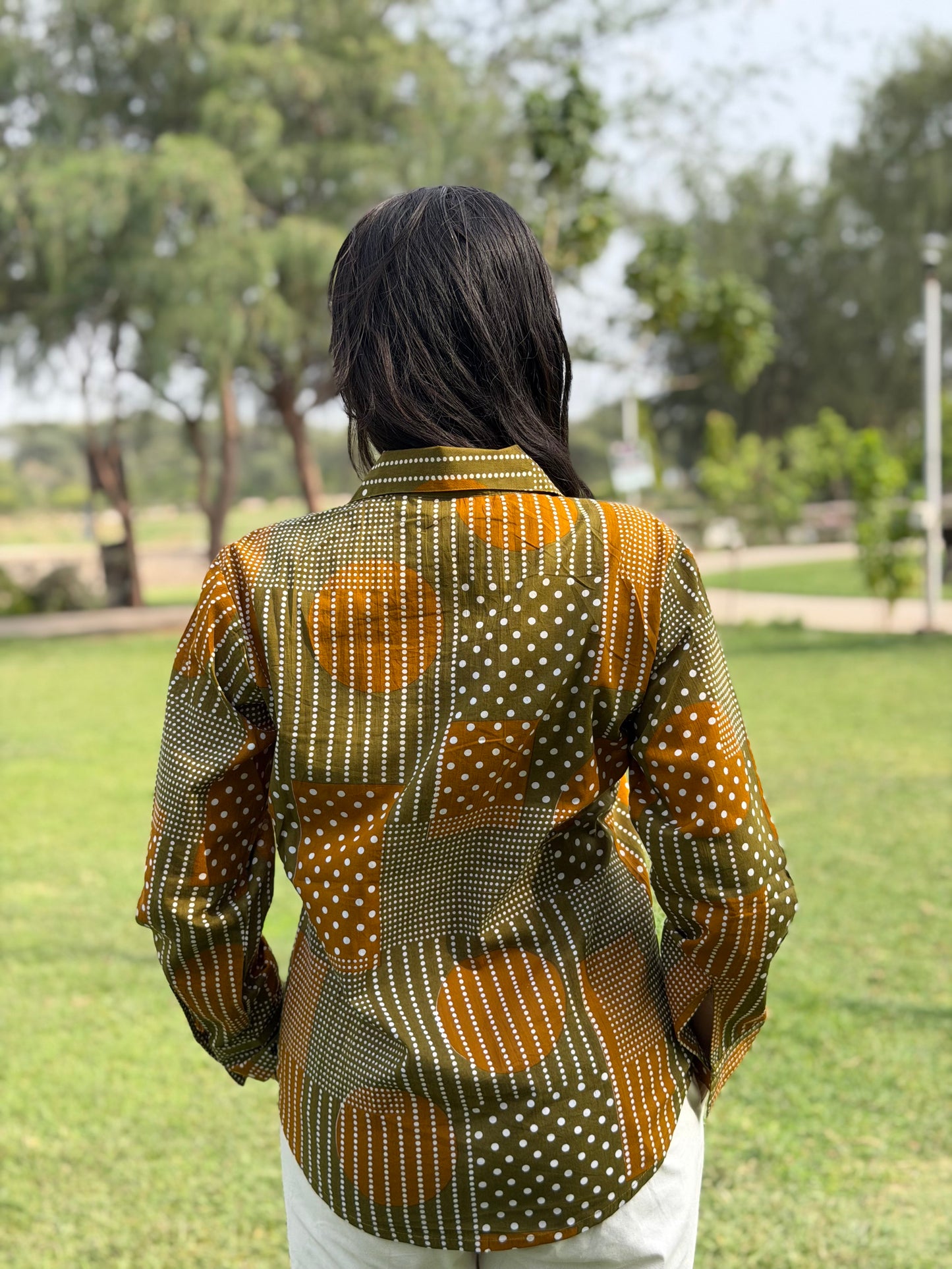 VERA Olive Green Handblock Cotton Shirt
