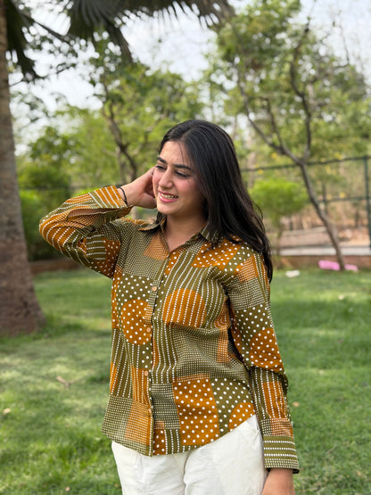 VERA Olive Green Handblock Cotton Shirt
