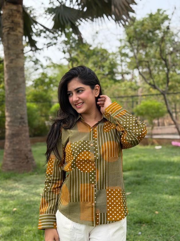 VERA Olive Green Handblock Cotton Shirt