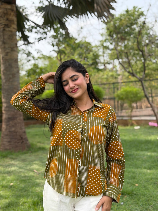 VERA Olive Green Handblock Cotton Shirt