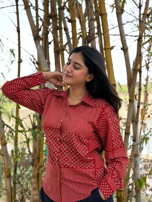 VERA Crimson Red Handblock Cotton Shirt