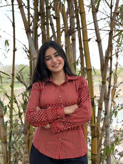 VERA Crimson Red Handblock Cotton Shirt