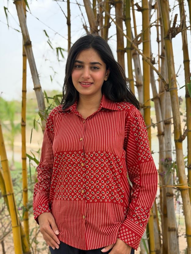 VERA Crimson Red Handblock Cotton Shirt