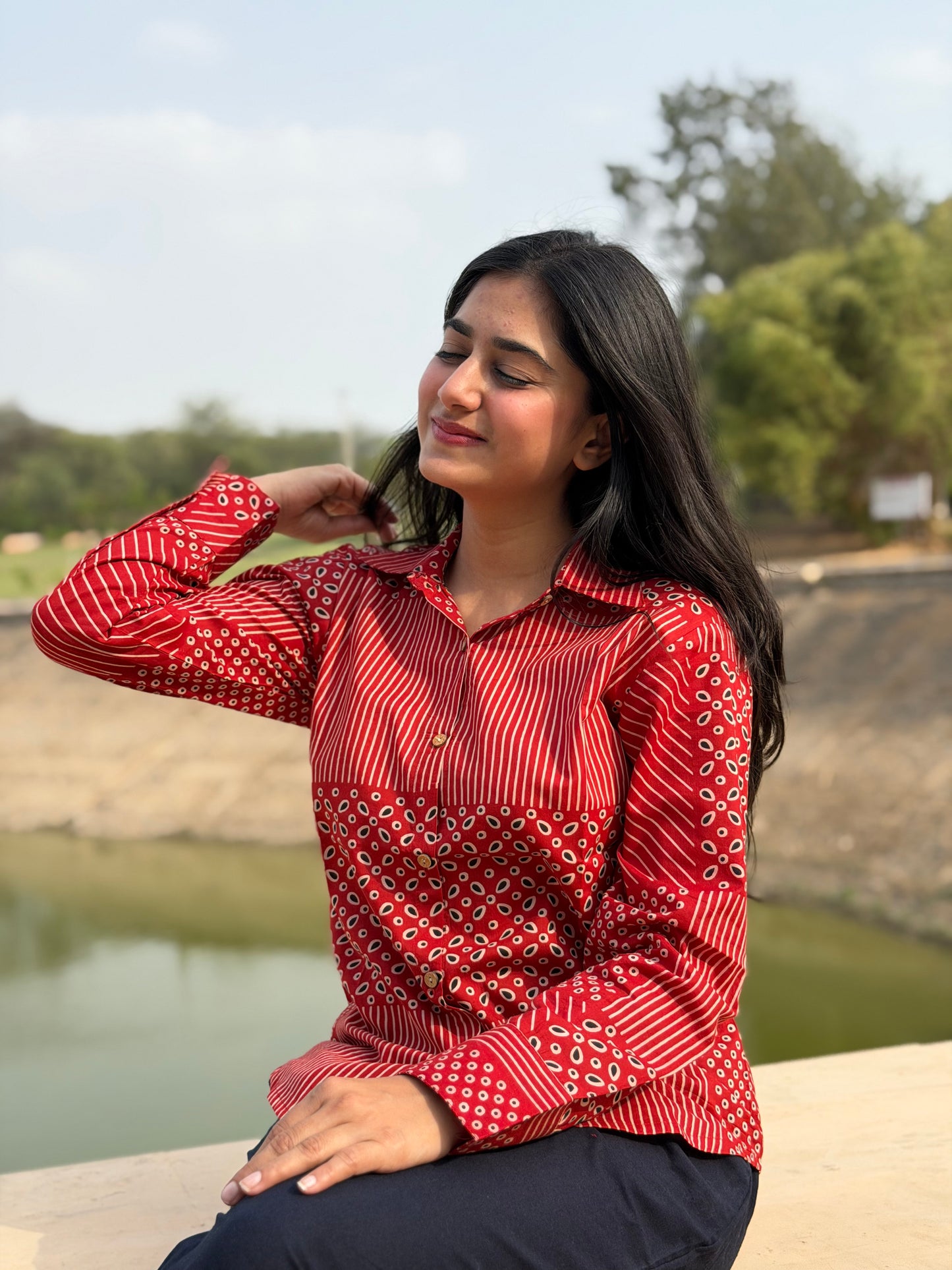 VERA Crimson Red Handblock Cotton Shirt