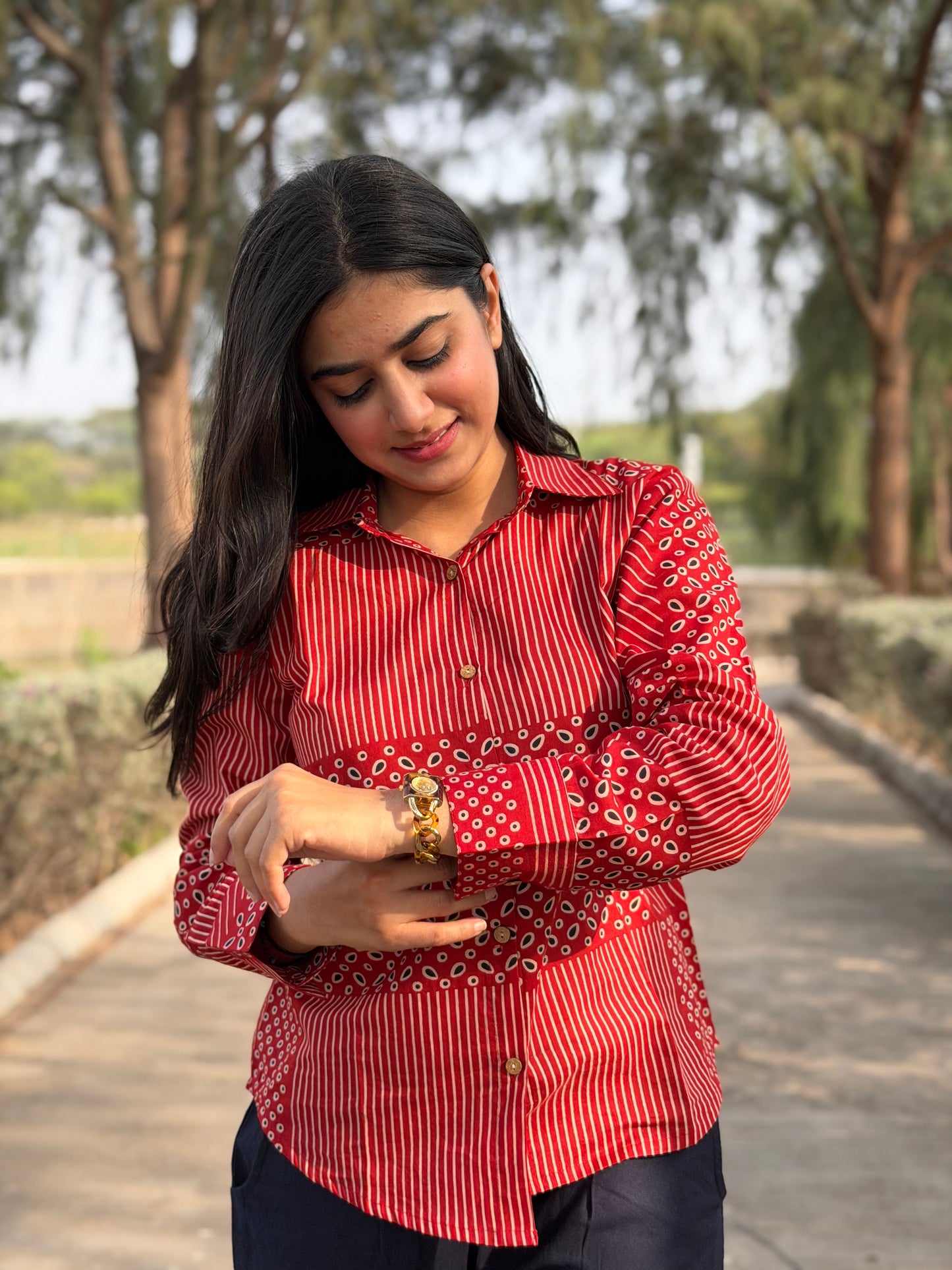 VERA Crimson Red Handblock Cotton Shirt