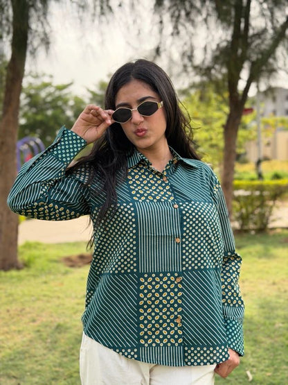 VERA Pine Green Handblock Cotton Shirt