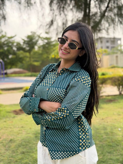 VERA Pine Green Handblock Cotton Shirt