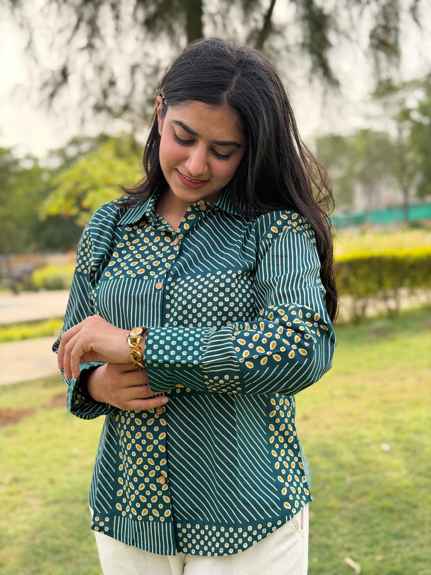 VERA Pine Green Handblock Cotton Shirt