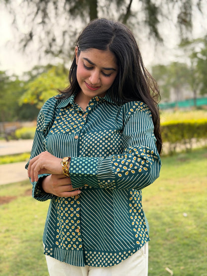 VERA Pine Green Handblock Cotton Shirt