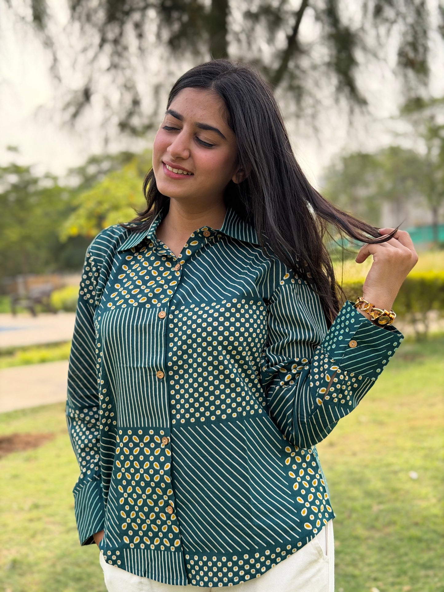 VERA Pine Green Handblock Cotton Shirt