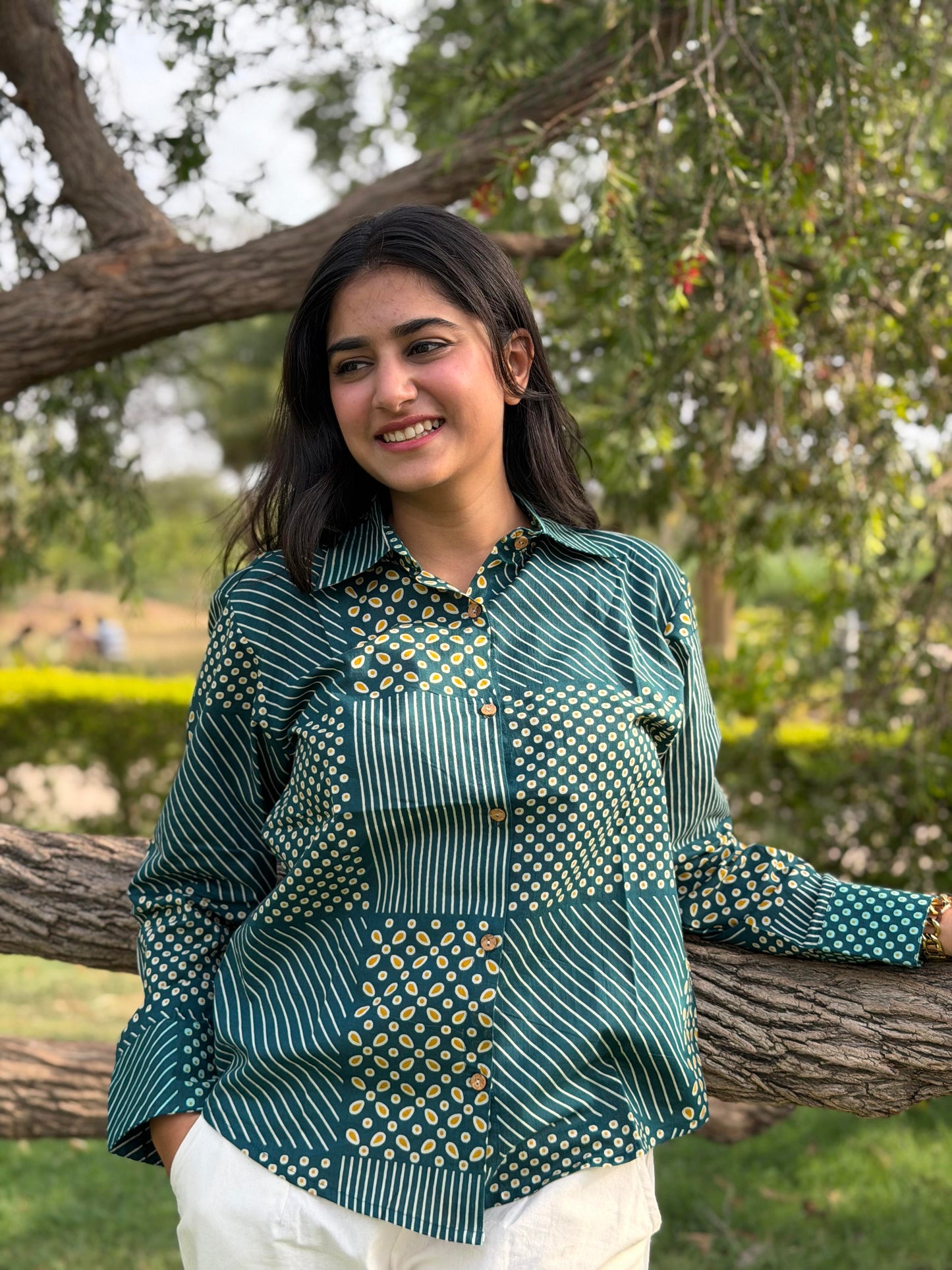 VERA Pine Green Handblock Cotton Shirt