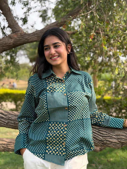 VERA Pine Green Handblock Cotton Shirt