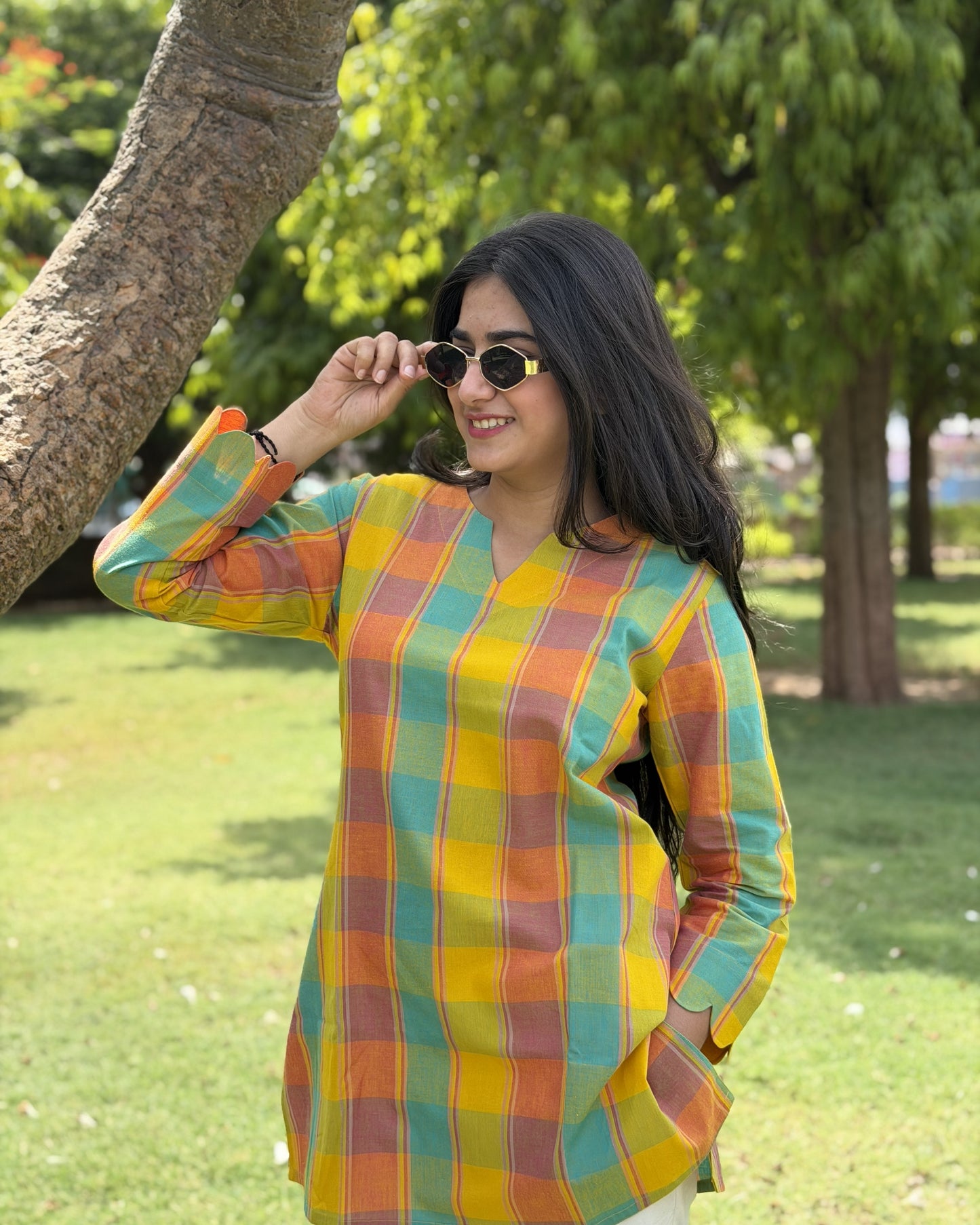 RUHI Golden Meadow Checks South Cotton Top