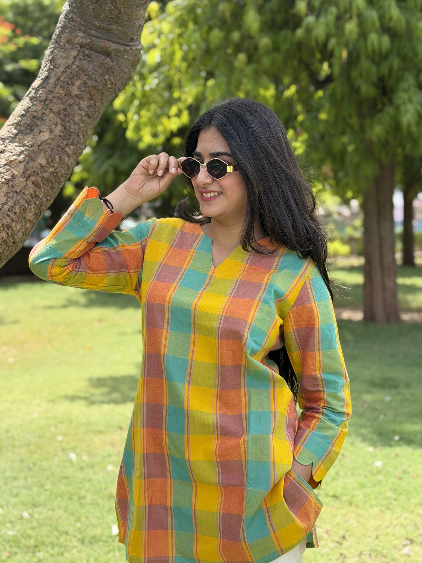 RUHI Golden Meadow Checks South Cotton Top