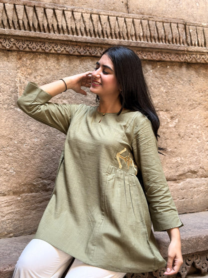 ZARIA Misty Olive Cotton Short Top
