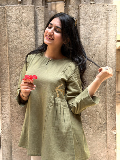 ZARIA Misty Olive Cotton Short Top