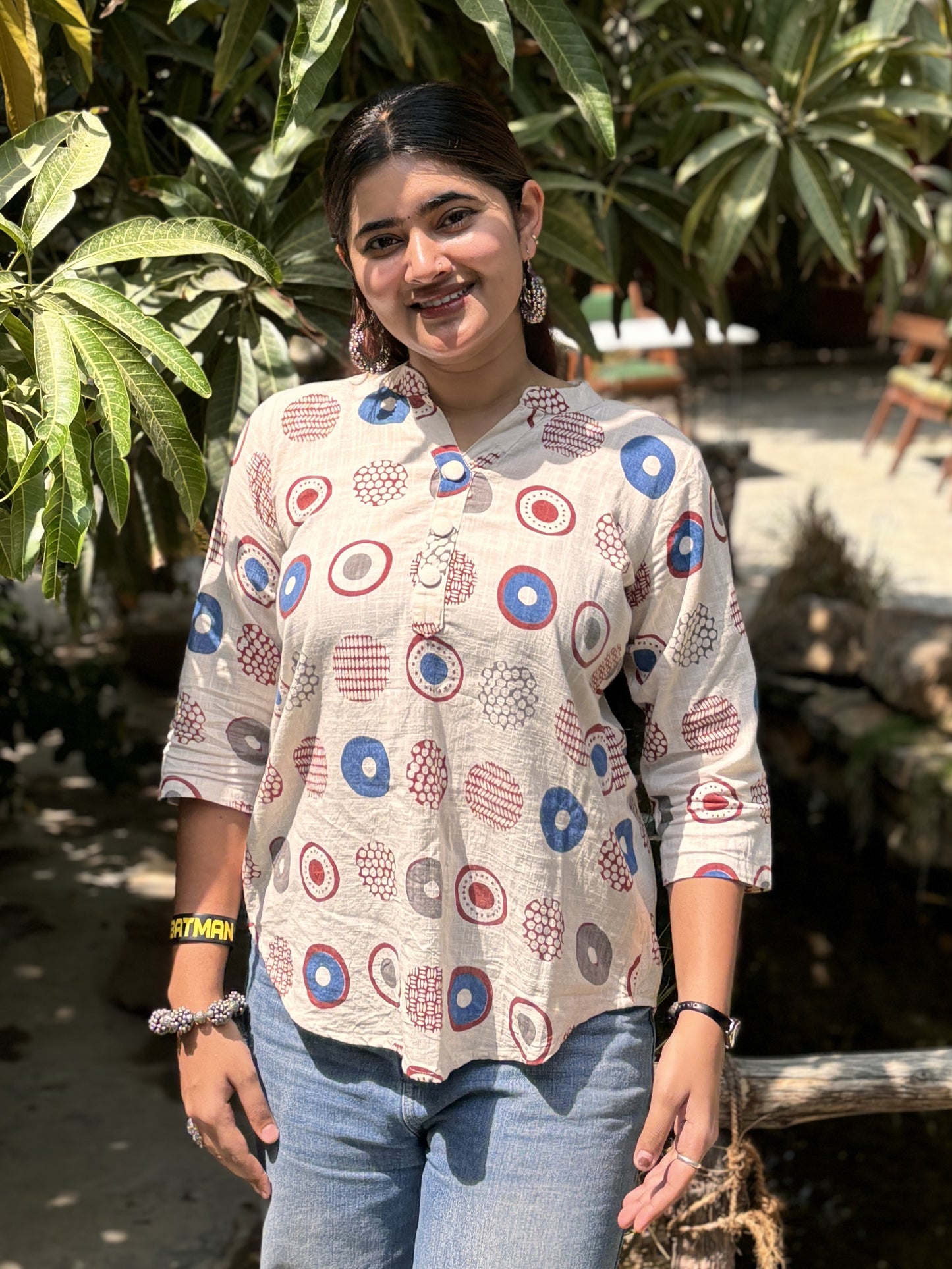 NYRA Blue White Printed Cotton Short Top