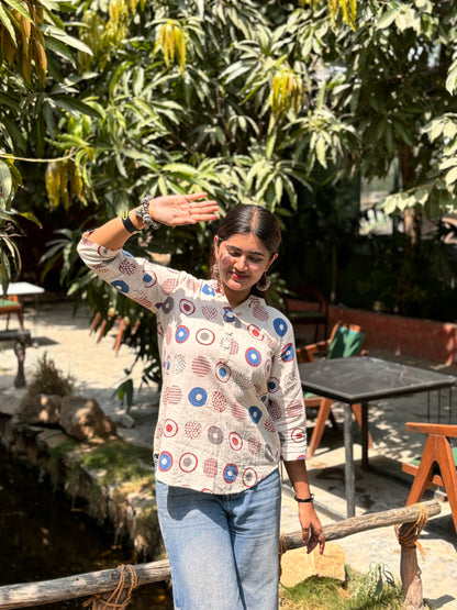 NYRA Blue White Printed Cotton Short Top