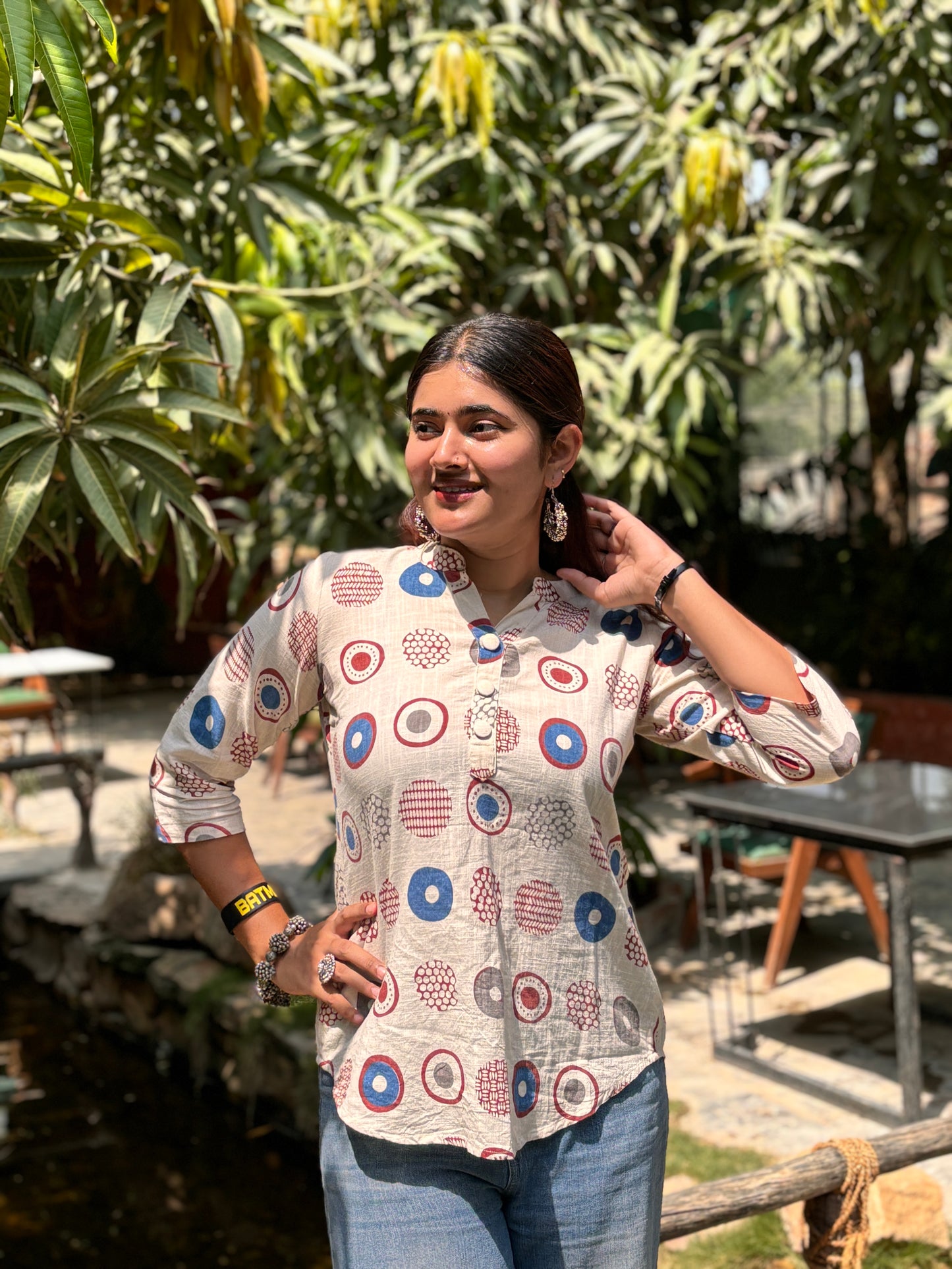 NYRA Blue White Printed Cotton Short Top