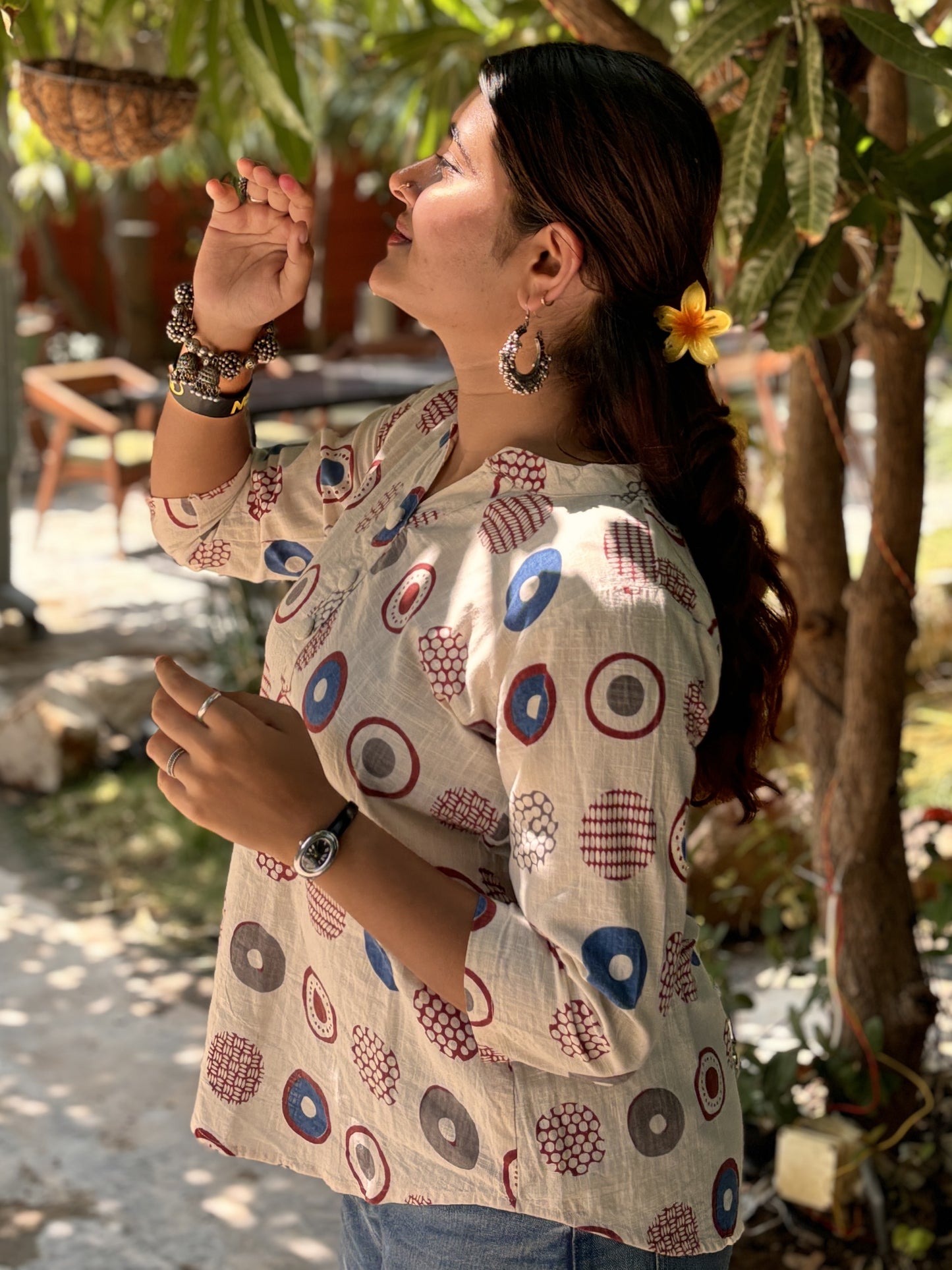 NYRA Blue White Printed Cotton Short Top